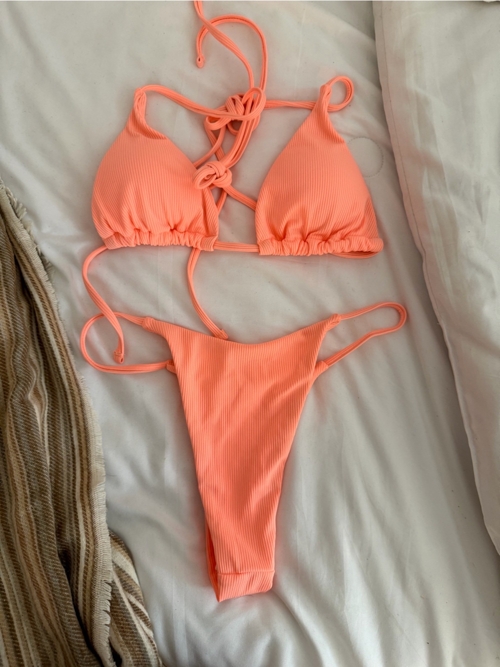 Neon Coral Ribbed String Bikini Set 💗